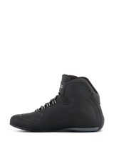 Alpinestars Sektor Waterproof Shoes, Motorcycle Riding Shoes, Black, side profile view showing a high-top design with microfiber upper, textured side panels, white lace eyelets, and brand logo on the ankle.