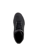 Alpinestars Sektor Waterproof Shoes, Black Motorcycle Riding Shoes, Top-down view showing black laces and reinforced toe-box, sleek microfiber construction for road performance