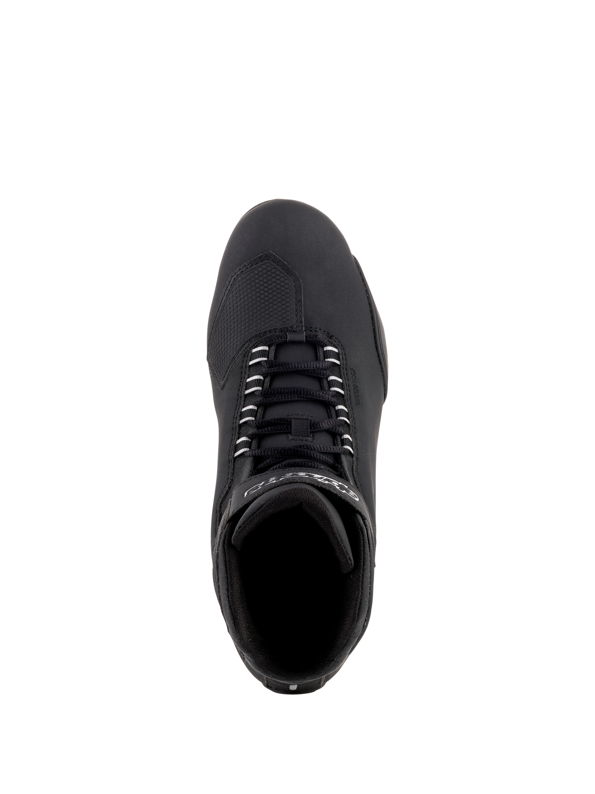 Alpinestars Sektor Waterproof Shoes, Black Motorcycle Riding Shoes, Top-down view showing black laces and reinforced toe-box, sleek microfiber construction for road performance