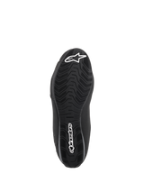 Alpinestars Sektor Waterproof Shoes, Black, Underside view of the rubber compound sole, featuring a specialized tread pattern for water run-off and grip, with white star logo and Alpinestars wordmark branding.
