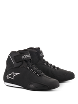 Alpinestars Women Stella Sektor Waterproof Shoes, Motorcycle Riding Shoes, Black and Silver, sleek microfiber upper with lace-up closure and velcro ankle strap, featuring a silver Alpinestars star logo on the side and a slim rubber sole.
