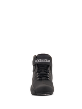 Alpinestars Women Stella Sektor Waterproof Shoes, Black and Silver, front view, low-cut motorcycle riding shoe featuring speed lace system, Velcro ankle strap with white branding, and durable microfiber construction.