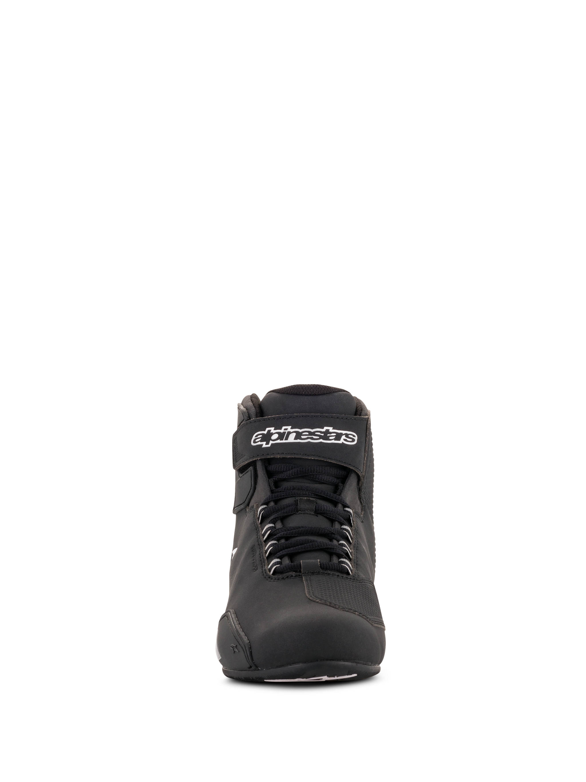 Alpinestars Women Stella Sektor Waterproof Shoes, Black and Silver, front view, low-cut motorcycle riding shoe featuring speed lace system, Velcro ankle strap with white branding, and durable microfiber construction.