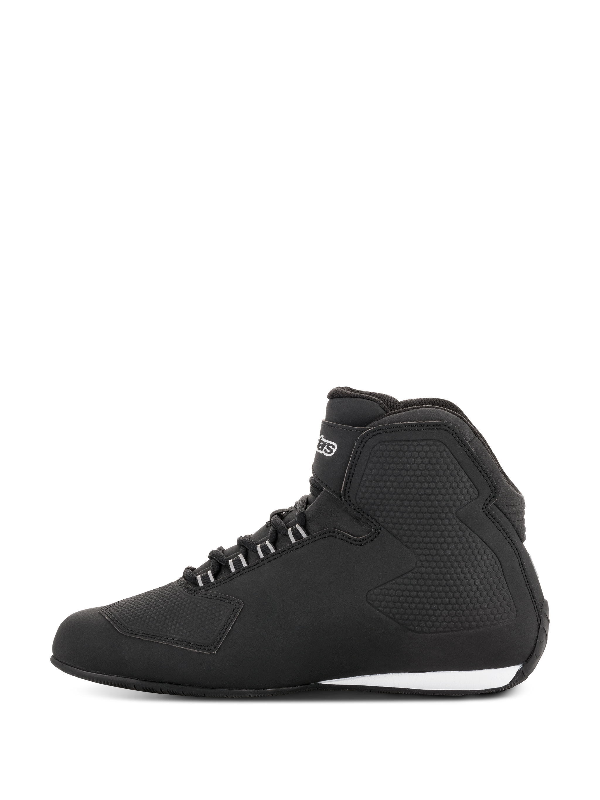 Alpinestars Stella Sektor Waterproof Shoes, Women's Riding Shoes, Black Silver, side profile view featuring a lightweight microfiber upper, speed lace system with silver accents, and sleek waterproof construction with integrated protection panels.