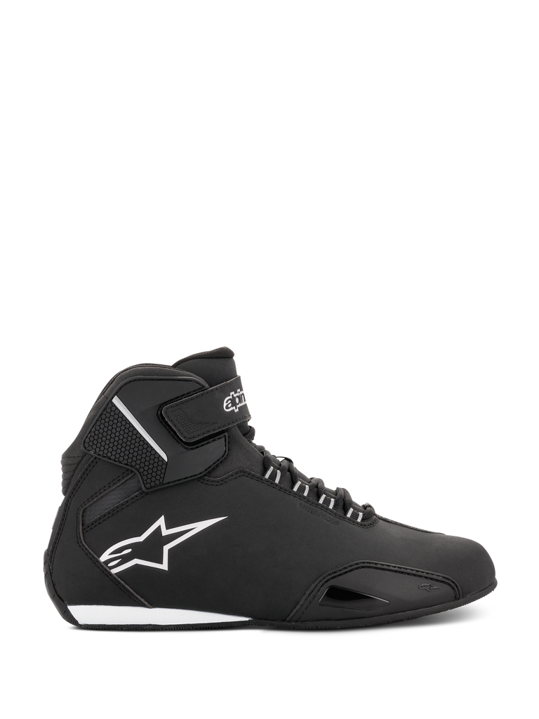 Alpinestars Women Stella Sektor Waterproof Shoes, Black and Silver, side profile of a high-top motorcycle riding shoe featuring a lightweight microfiber chassis, white Astars logo, and secure lace and strap closure