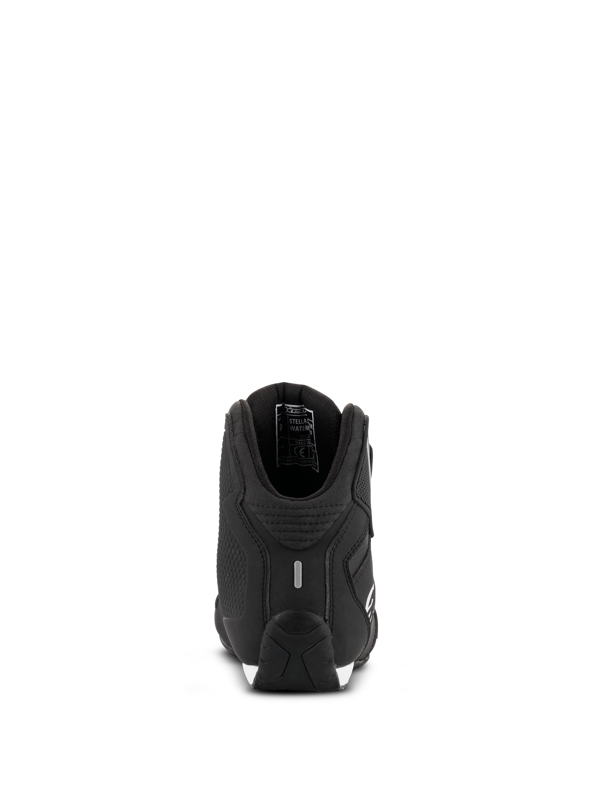 Alpinestars Women Stella Sektor Waterproof Shoes, Motorcycle Riding Shoes, Black Silver, rear view showing reinforced heel and reflective detail, lightweight microfiber chassis with waterproof membrane lining