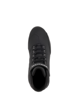 Alpinestars Stella Sektor Waterproof Shoes, Women's Motorcycle Riding Shoes, Black Silver, top-down view showing speed lace system and branded strap, microfiber upper with textured shift pad for road riding