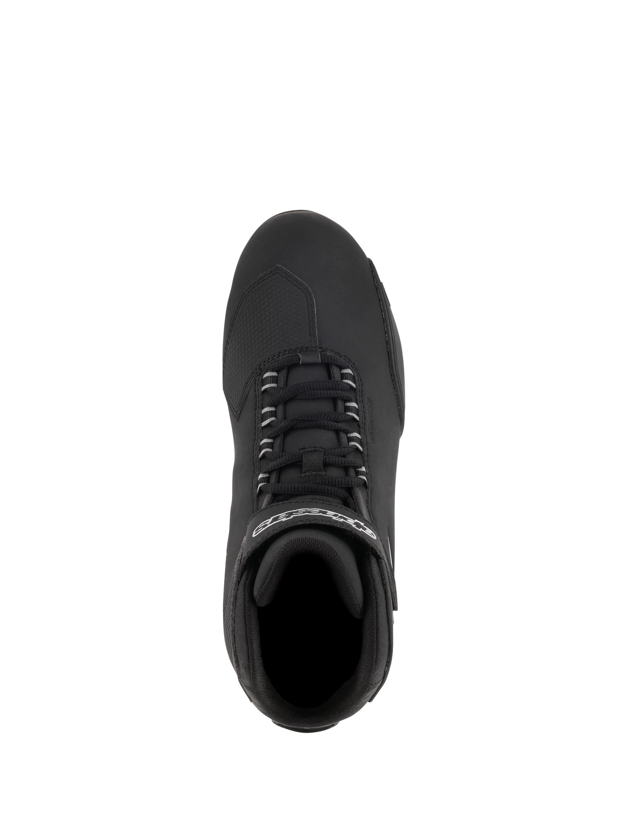 Alpinestars Stella Sektor Waterproof Shoes, Women's Motorcycle Riding Shoes, Black Silver, top-down view showing speed lace system and branded strap, microfiber upper with textured shift pad for road riding