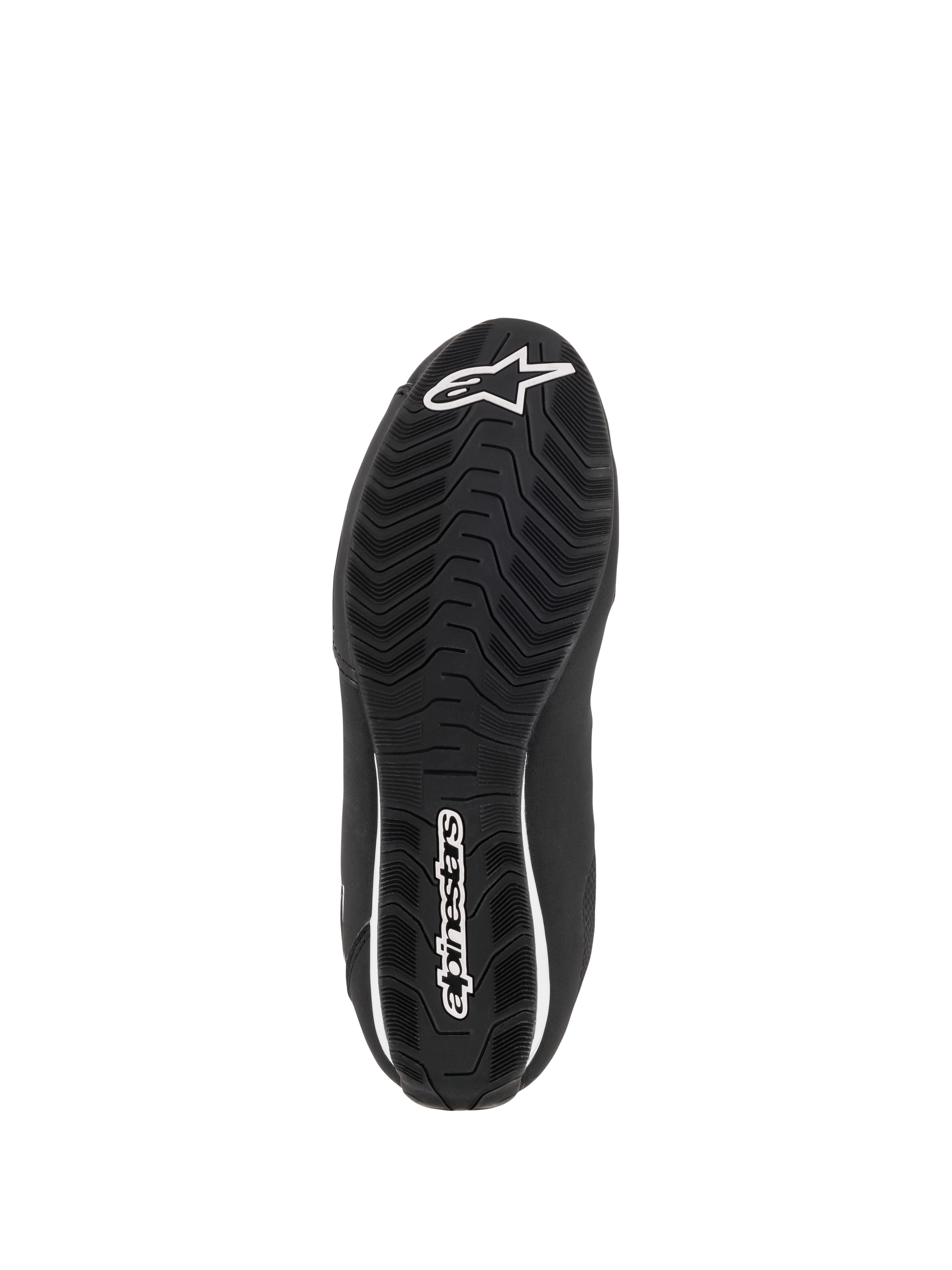 Alpinestars Women Stella Sektor Waterproof Shoes, bottom view of the black rubber sole, featuring a textured wavy grip pattern for traction, white Alpinestars star logo and wordmark, designed for water run-off and grip.