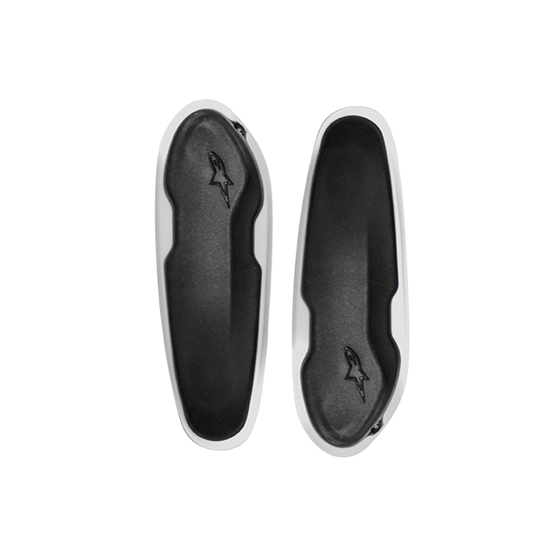 Alpinestars Toe Slider, motorcycle racing boot replacement sliders, Black and White, oval-shaped protection pads with embossed star logo, durable metal spare parts for racing boots