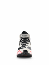 Alpinestars CR-X Women's Drystar® Riding Shoes, Women's Motorcycle Riding Shoes, White Mid Gray Black and Diva Pink, front view featuring gray laces and branded ankle strap, athletic-style design with pink accents on the sole, waterproof riding footwear