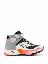 Alpinestars CR-X Women's Drystar Riding Shoes, mid-top motorcycle riding sneakers in White, Mid Gray, Black, and Diva Pink, side view showing ankle strap, textured grip sole, and athletic design for urban commuting.