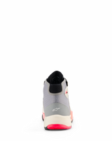 Alpinestars CR-X Women's Drystar® Riding Shoes, Motorcycle Riding Shoes, White Mid Gray Black and Diva Pink, rear view showing heel construction with Alpinestars logo, white midsole, and bright pink outsole details.