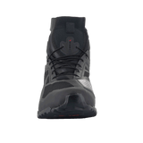 Alpinestars CR-1 Shoes, Motorcycle Riding Shoes, Black and Dark Gray, front-facing view showing breathable 3D mesh and microfiber construction, lace-up design with a sleek athletic profile
