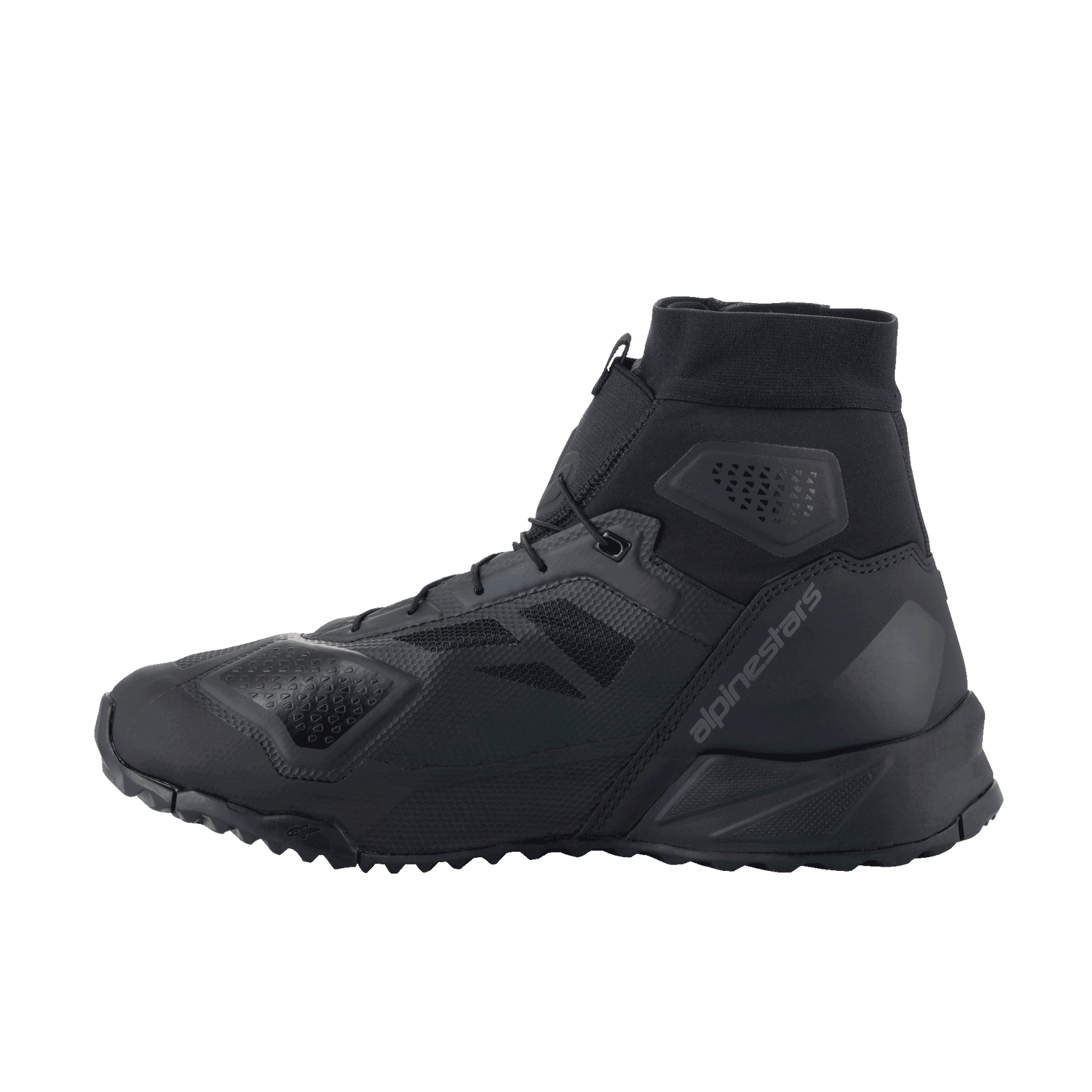 Alpinestars CR-1 Shoes, Motorcycle Riding Shoes, Black and Dark Gray, side profile view featuring 3D mesh and microfiber construction, integrated ankle collar, and Alpinestars branding on the side.