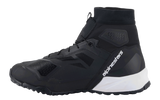 Alpinestars CR-1 Shoes, Motorcycle Riding Shoes, Black and White, side profile featuring microfiber and 3D mesh upper, white midsole at the heel with white Alpinestars branding, high collar design for touring and sport riding