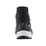 Alpinestars CR-1 Shoes, Motorcycle Riding Shoes, Black and White, rear view highlighting the heel and ankle structure, white midsole and black upper, breathable textile and microfiber materials for warm weather riding.