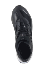 Alpinestars CR-1 Shoes, Motorcycle Riding Shoes, Black and White, top-down view showing breathable 3D mesh panels, microfiber construction, and secure lacing system, designed for warm weather touring and sport riding
