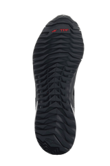 Alpinestars CR-1 Shoes, Black and White, bottom view showing the textured black sole with a red TPF logo and deep tread pattern for motorcycle riding grip.