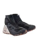 Alpinestars CR-1 Shoes, Black and Light Brown motorcycle riding shoes, high-top design with 3D mesh and microfiber construction, multicolored orange and brown camouflage sole, white star logo on the heel, technical urban footwear for touring and sport riding