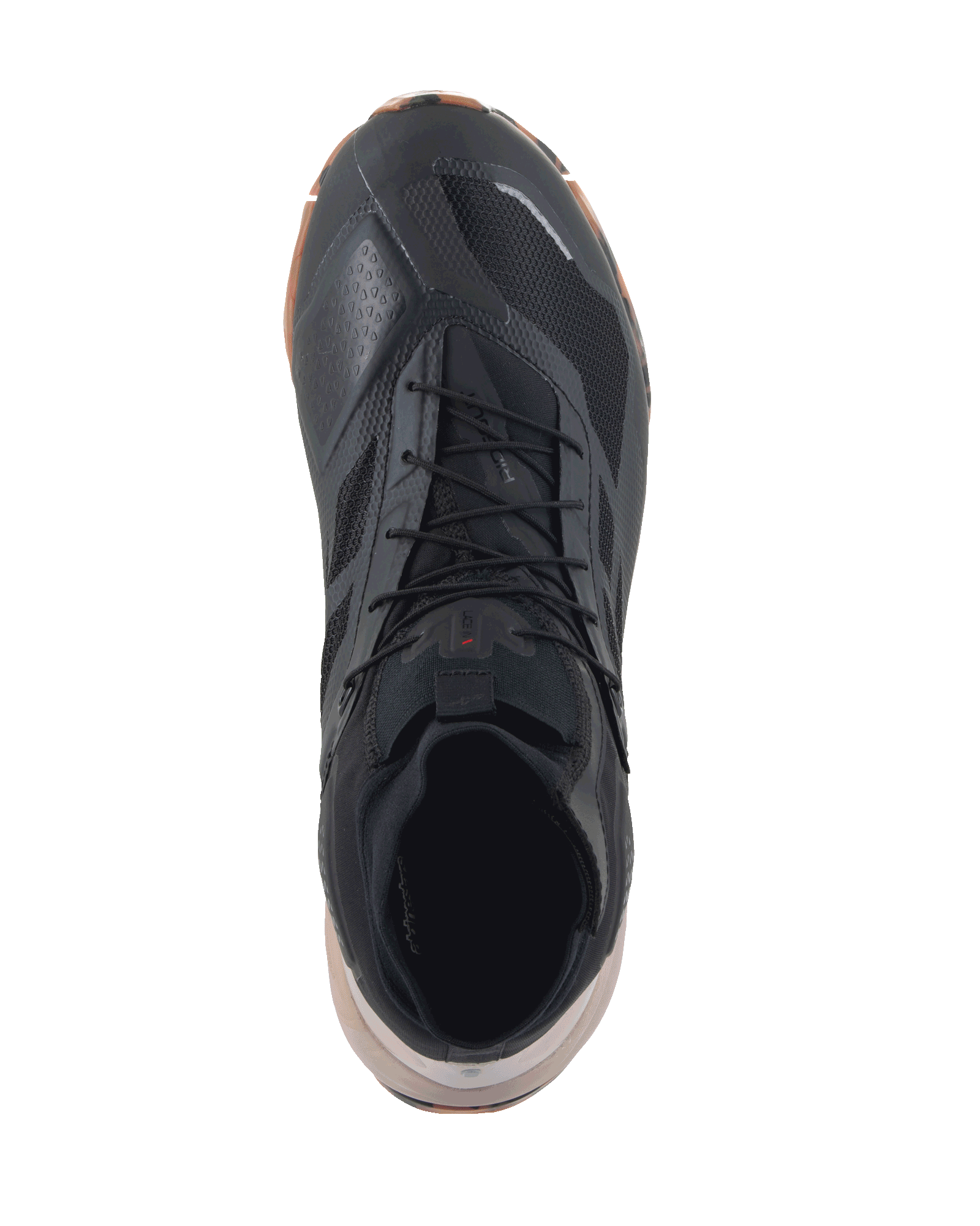 Alpinestars CR-1 Shoes, Motorcycle Riding Shoes, Black and Light Brown, top-down view, featuring breathable 3D mesh and microfiber textile construction, black laces, lightweight footwear for touring and sport riding