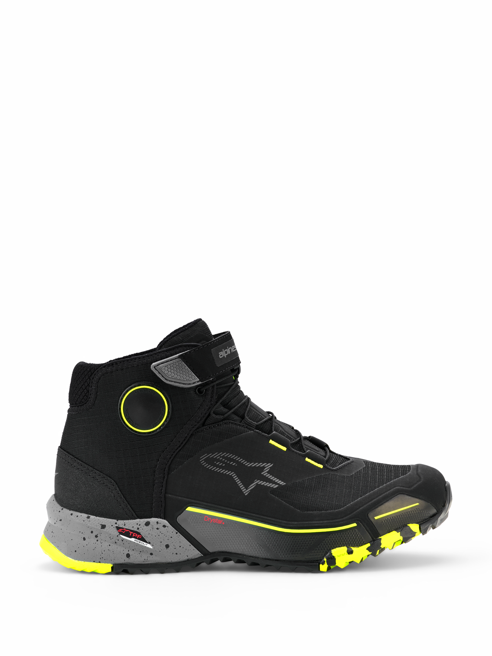 Alpinestars CR-X Drystar Riding Shoes, high-top motorcycle urban sneakers, black with dark gray speckled midsole and yellow fluo accents, waterproof Drystar membrane, rugged textured sole, protective casual riding footwear