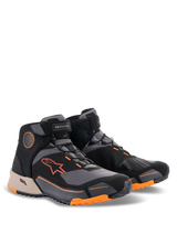 Alpinestars CR-X Drystar® Riding Shoes, Black Light Brown and Orange, motorcycle footwear with a running shoe design, featuring orange logos and accents on the sole, light brown heel detail, and dark grey panels, sporty all-weather riding shoes.
