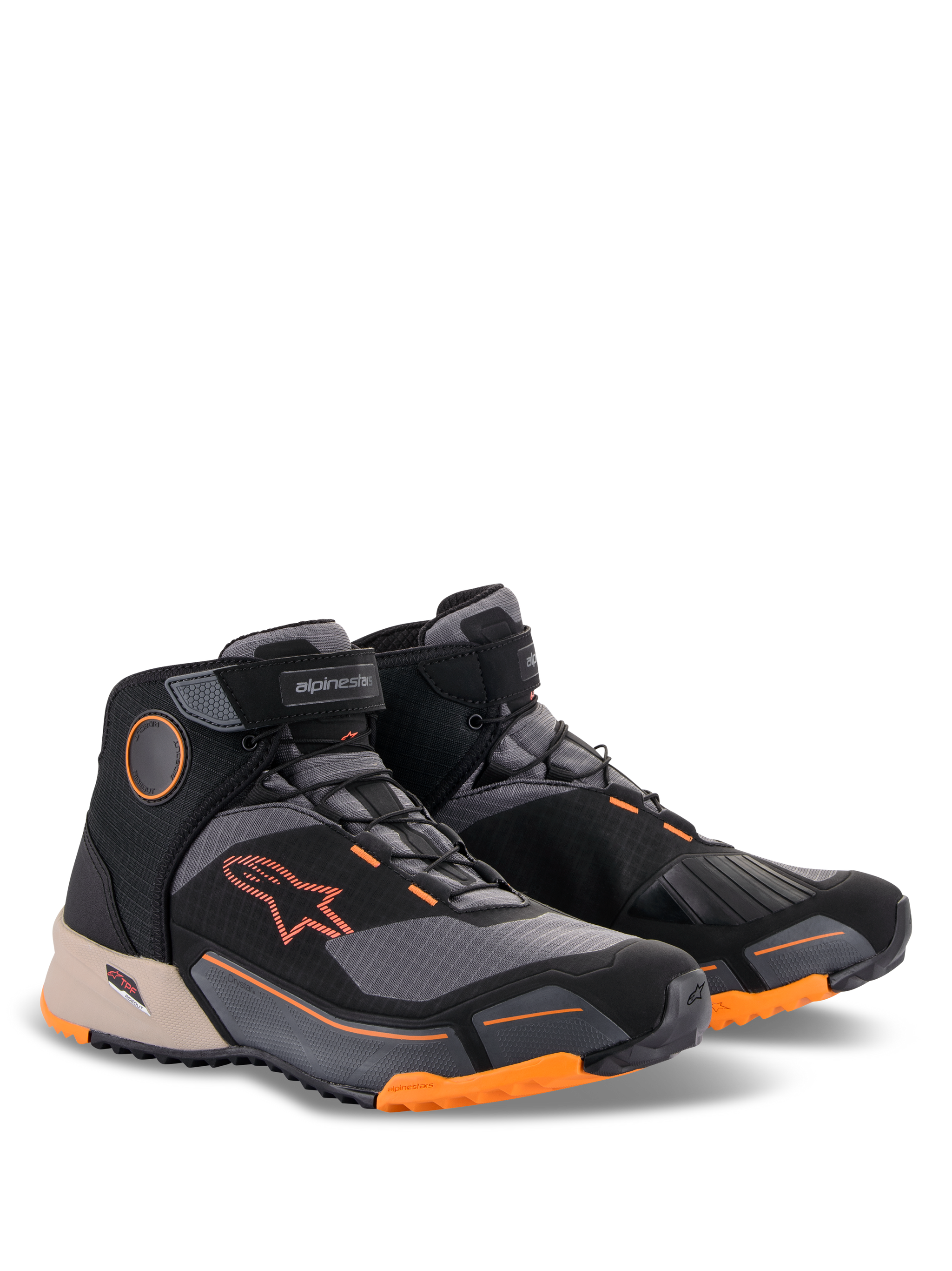 Alpinestars CR-X Drystar® Riding Shoes, Black Light Brown and Orange, motorcycle footwear with a running shoe design, featuring orange logos and accents on the sole, light brown heel detail, and dark grey panels, sporty all-weather riding shoes.