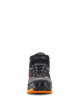 Alpinestars CR-X Drystar® Riding Shoes, Front view, Black Light Brown and Orange, featuring a secure lacing system with a top ankle strap, protective toe cap, and a rugged orange sole, waterproof urban motorcycle footwear
