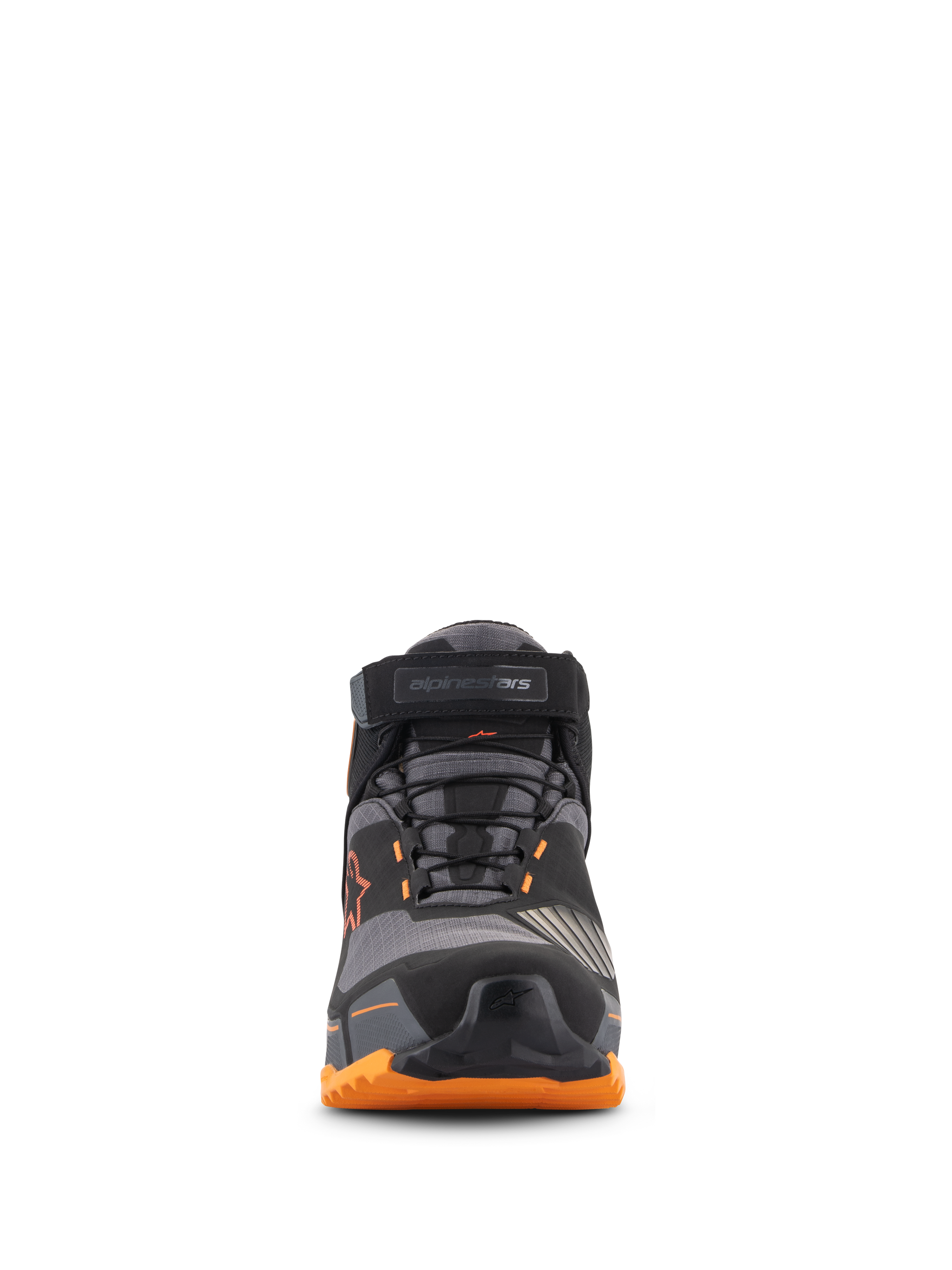 Alpinestars CR-X Drystar® Riding Shoes, Front view, Black Light Brown and Orange, featuring a secure lacing system with a top ankle strap, protective toe cap, and a rugged orange sole, waterproof urban motorcycle footwear
