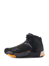 Alpinestars CR-X Drystar® Riding Shoes in Black Light Brown and Orange, side profile view, running shoe-inspired design with a rugged orange sole, waterproof and breathable motorcycle footwear for road and urban riding.