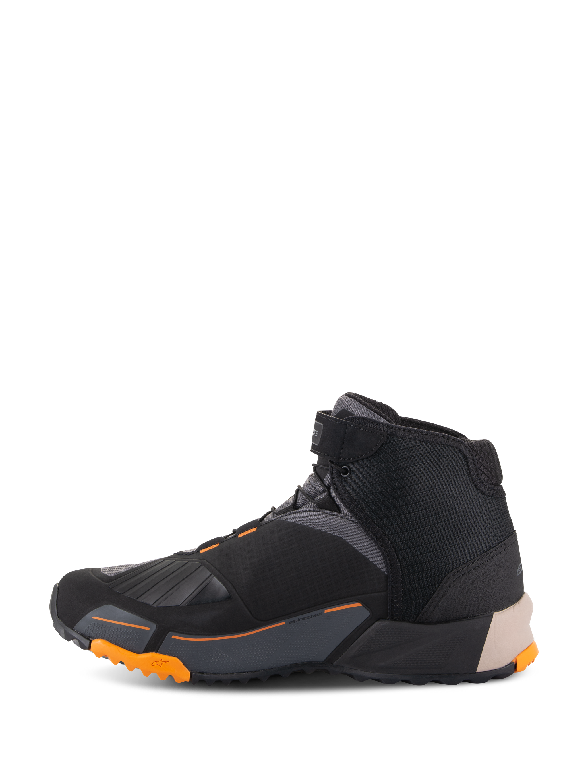 Alpinestars CR-X Drystar® Riding Shoes in Black Light Brown and Orange, side profile view, running shoe-inspired design with a rugged orange sole, waterproof and breathable motorcycle footwear for road and urban riding.