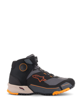 Alpinestars CR-X Drystar® Riding Shoes, Motorcycle Urban Shoes, Black Gray and Orange with Light Brown midsole, high-top design with Velcro ankle strap, featuring bright orange branding and rugged sole with orange accents