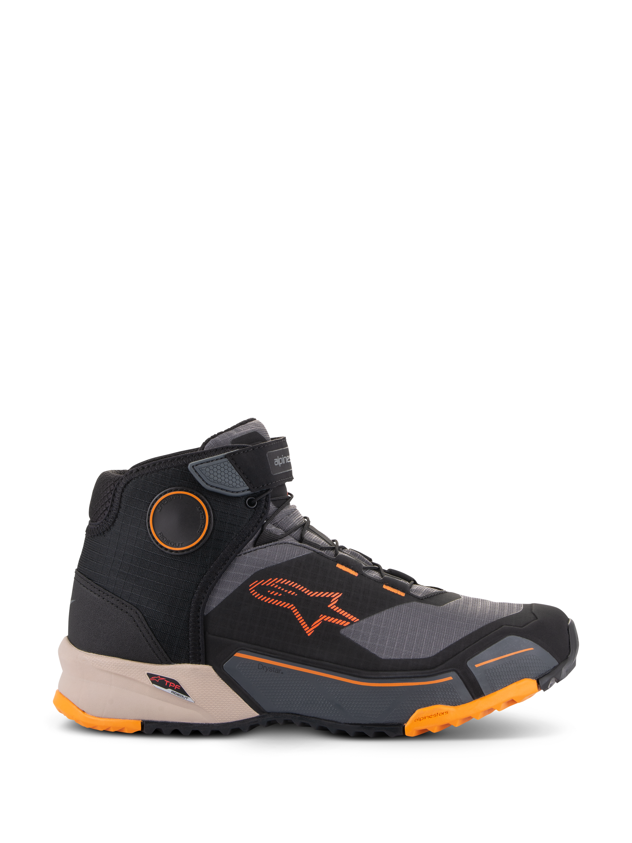 Alpinestars CR-X Drystar® Riding Shoes, Motorcycle Urban Shoes, Black Gray and Orange with Light Brown midsole, high-top design with Velcro ankle strap, featuring bright orange branding and rugged sole with orange accents
