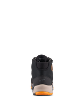 Alpinestars CR-X Drystar® Riding Shoes, Motorcycle Riding Shoes, Black Light Brown and Orange, rear view featuring the reinforced heel with a small Alpinestars logo, padded collar, and orange sole accents, waterproof riding footwear.