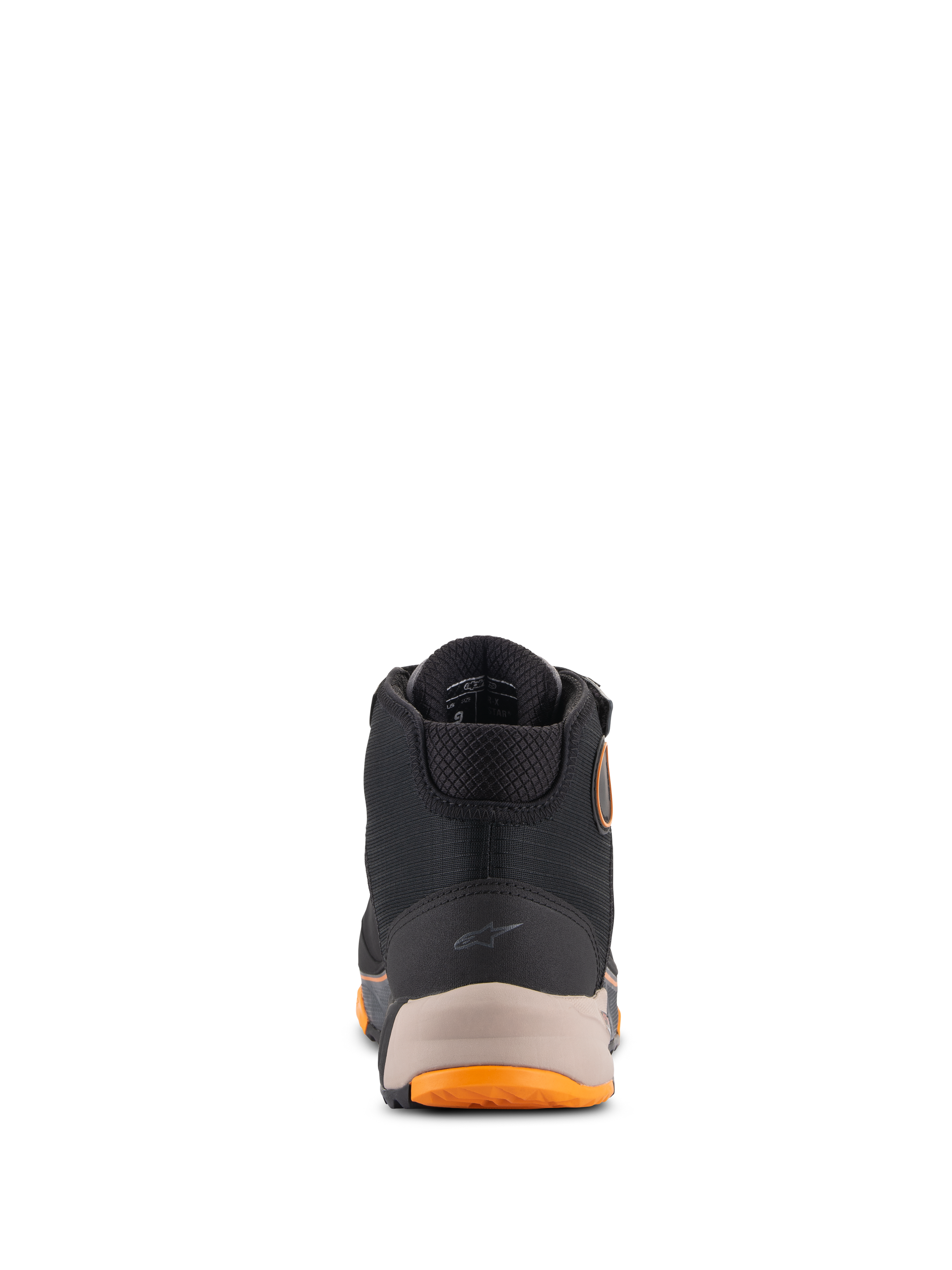 Alpinestars CR-X Drystar® Riding Shoes, Motorcycle Riding Shoes, Black Light Brown and Orange, rear view featuring the reinforced heel with a small Alpinestars logo, padded collar, and orange sole accents, waterproof riding footwear.
