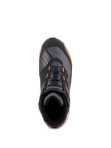 Alpinestars CR-X Drystar® Riding Shoes, top-down view, Black Light Brown Orange colorway, athletic-style motorcycle footwear featuring black laces, orange accents, and a light brown sole, waterproof protective gear for road and urban riding.