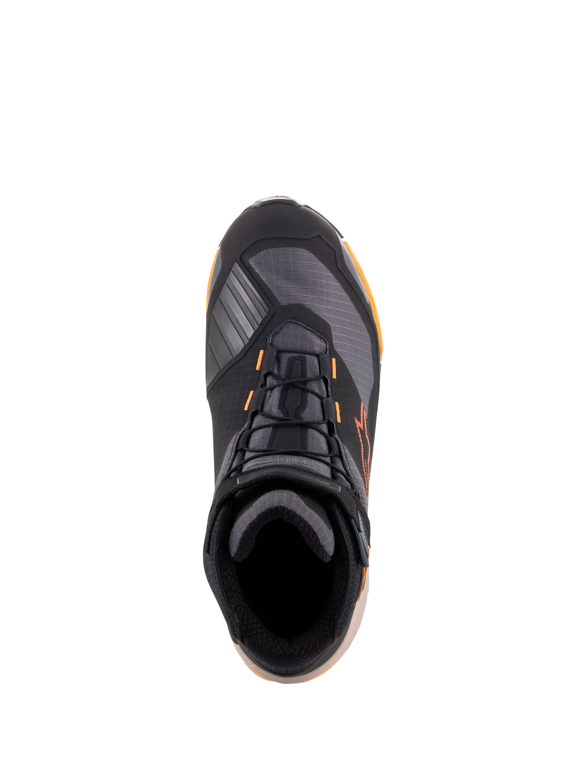 Alpinestars CR-X Drystar® Riding Shoes, top-down view, Black Light Brown Orange colorway, athletic-style motorcycle footwear featuring black laces, orange accents, and a light brown sole, waterproof protective gear for road and urban riding.