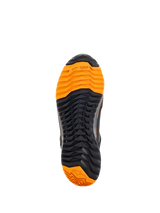 Alpinestars CR-X Drystar® Riding Shoes, bottom view of the sole, black and bright orange tread, aggressive lug pattern for grip, featuring TPF and Alpinestars star logos, designed for motorcycle riding and walking comfort