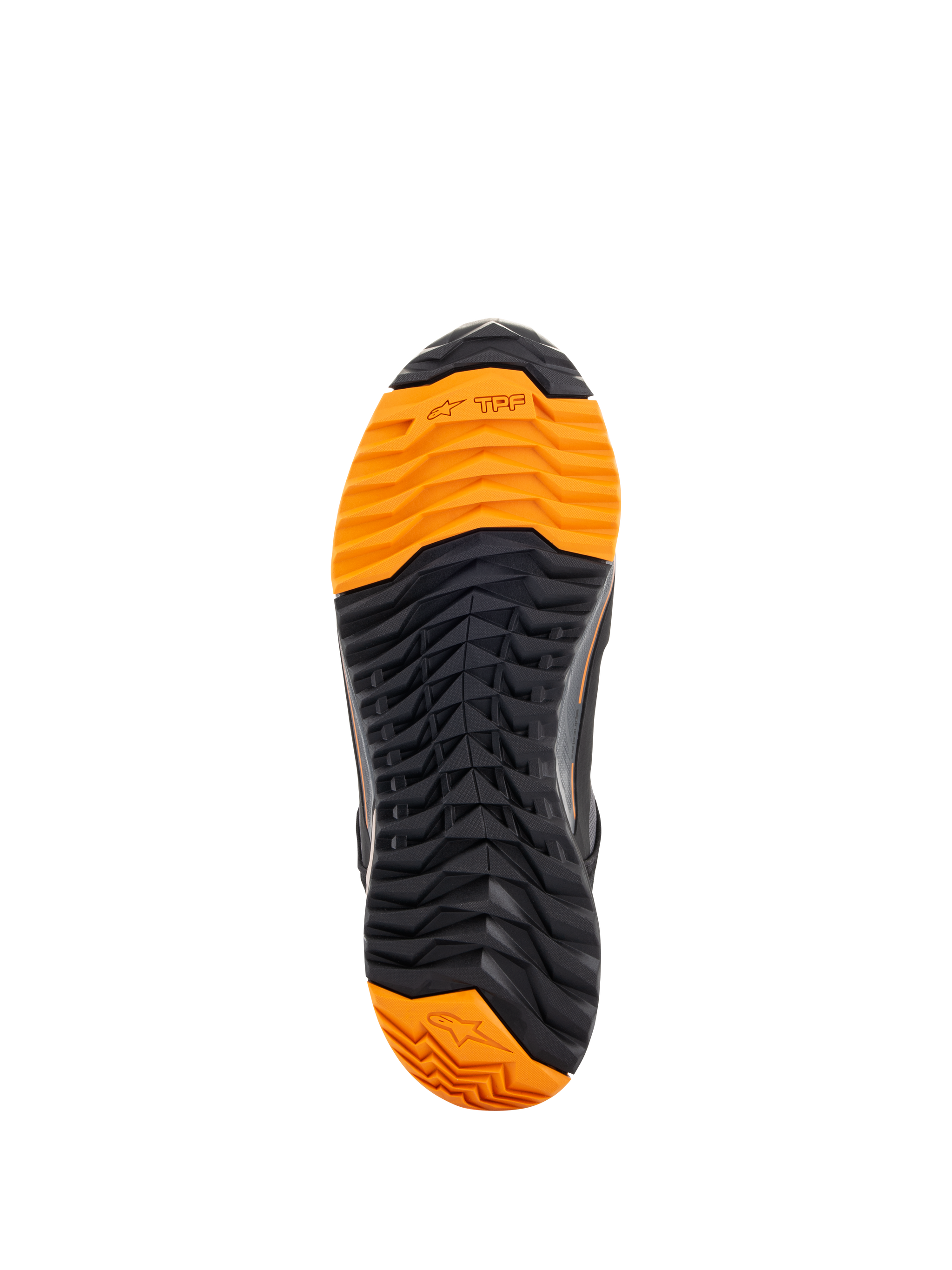 Alpinestars CR-X Drystar® Riding Shoes, bottom view of the sole, black and bright orange tread, aggressive lug pattern for grip, featuring TPF and Alpinestars star logos, designed for motorcycle riding and walking comfort