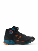 Alpinestars CR-X Drystar Riding Shoes, Motorcycle Urban Riding Shoes, Black Petrol and Orange Fluo, high-top sneaker-style design featuring an orange Alpinestars logo, teal speckled midsole, and rugged waterproof construction.