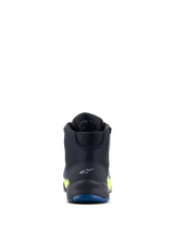 Alpinestars CR-X Drystar® Riding Shoes, Motorcycle Riding Shoes, Black Dark Blue and Yellow Fluo, rear view highlighting the heel logo and blue outsole, waterproof performance with yellow fluorescent accents