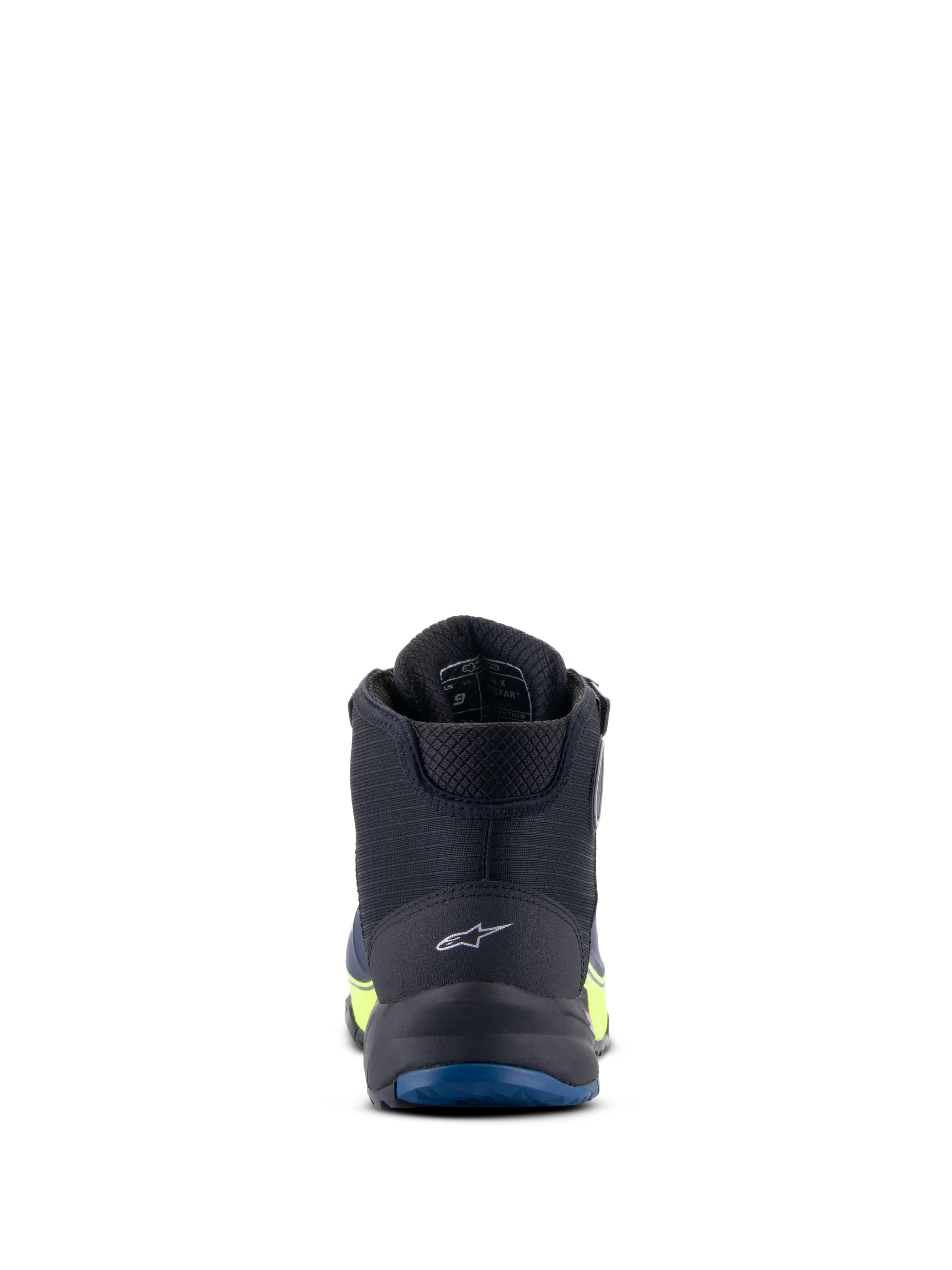 Alpinestars CR-X Drystar® Riding Shoes, Motorcycle Riding Shoes, Black Dark Blue and Yellow Fluo, rear view highlighting the heel logo and blue outsole, waterproof performance with yellow fluorescent accents