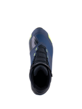 Alpinestars CR-X Drystar® Riding Shoes, top view, Black Dark Blue and Yellow Fluo, waterproof motorcycle shoes with a running shoe silhouette, featuring black laces and vibrant yellow accents on a dark blue upper