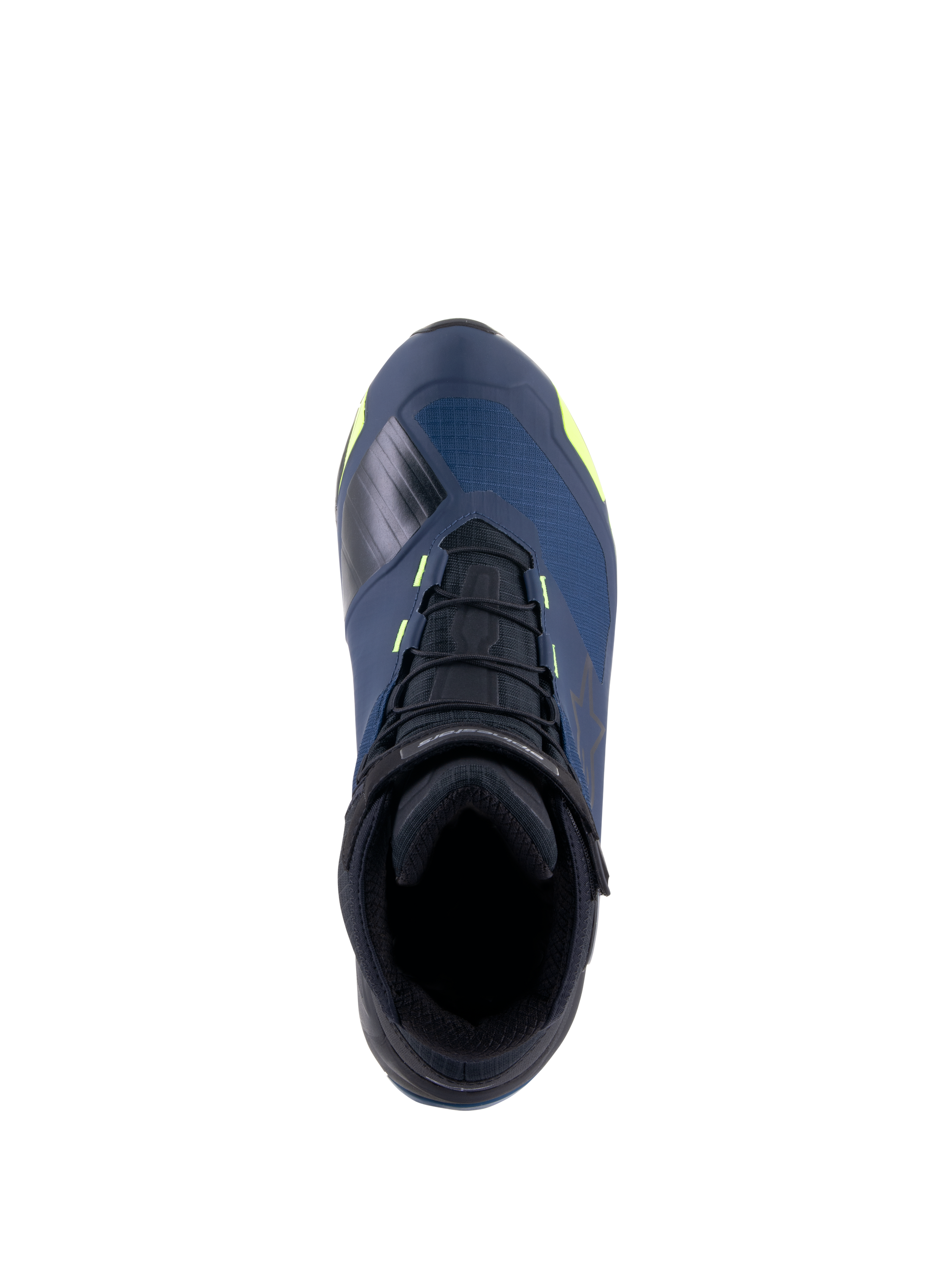 Alpinestars CR-X Drystar® Riding Shoes, top view, Black Dark Blue and Yellow Fluo, waterproof motorcycle shoes with a running shoe silhouette, featuring black laces and vibrant yellow accents on a dark blue upper