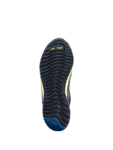 Alpinestars CR-X Drystar® Riding Shoes, Outsole view, Black with Yellow Fluo TPF branding and Dark Blue heel, rugged textured tread for traction and all-day walking comfort