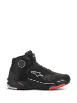 Alpinestars CR-X Drystar Riding Shoes, waterproof motorcycle footwear in Black Camo Red, side profile view featuring a textured camo-patterned upper, white Alpinestars logo, ankle strap, and a black ridged sole with red accents at the toe.