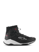 Alpinestars Speedforce XR Shoes, Black and White High-Top Motorcycle Sneakers, Urban Riding Footwear, Side Profile with Mesh Textile Upper, White Side Logo, Thick White Midsole with Alpinestars Branding, and Red Urban Series Text on the Heel