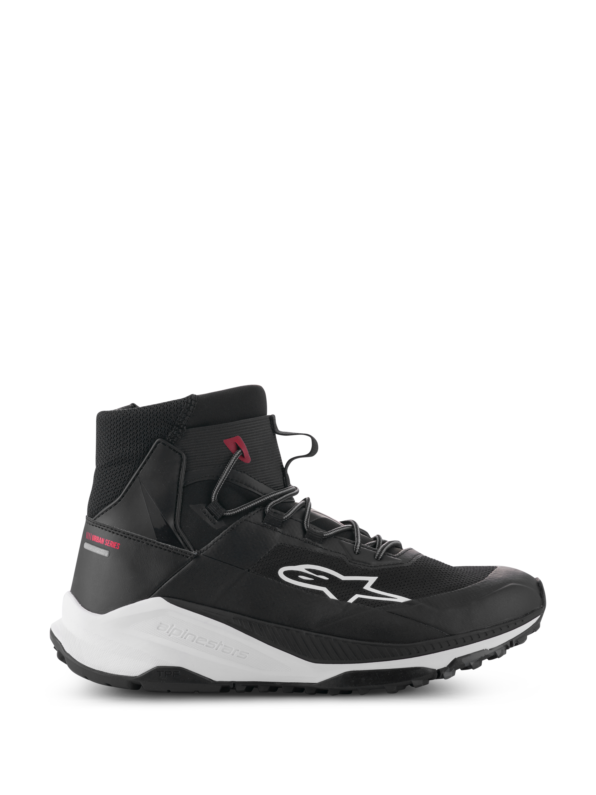 Alpinestars Speedforce XR Shoes, Black and White High-Top Motorcycle Sneakers, Urban Riding Footwear, Side Profile with Mesh Textile Upper, White Side Logo, Thick White Midsole with Alpinestars Branding, and Red Urban Series Text on the Heel