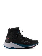 Alpinestars Speedforce XR Shoes, Black high-top motorcycle urban sneaker, textured breathable mesh ankle collar, white midsole with petrol green accents, rugged black sole with pink details, dashed star logo on side, Urban Series collection, modern street riding footwear